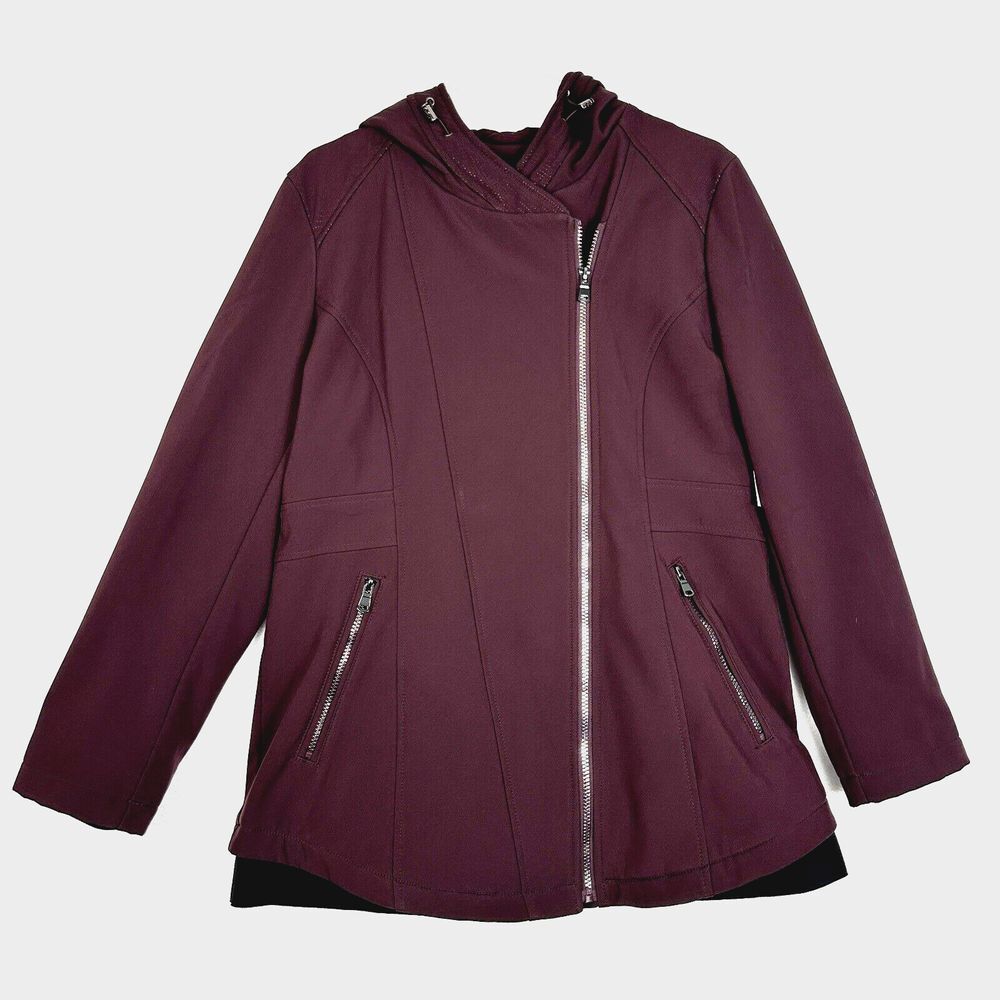 Liz Claiborne Hooded Soft Shell Jacket Womens Large Purple Full Zip Asymmetrical